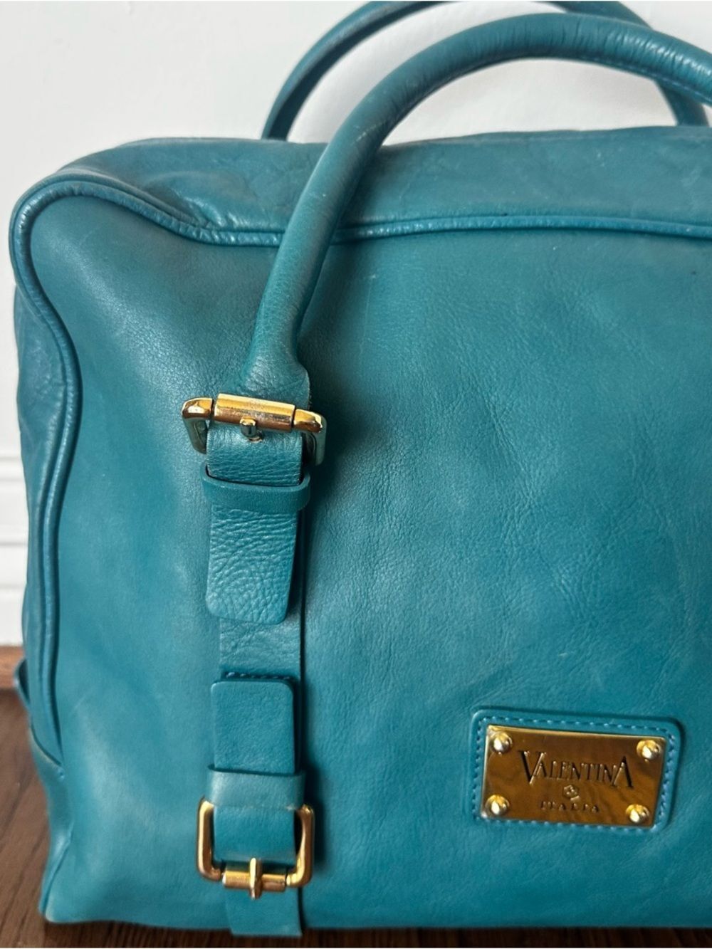 Valentina Italy Teal Leather Satchel Gold-Plated Accents | Made in Italy Bag - Picture 2 of 16